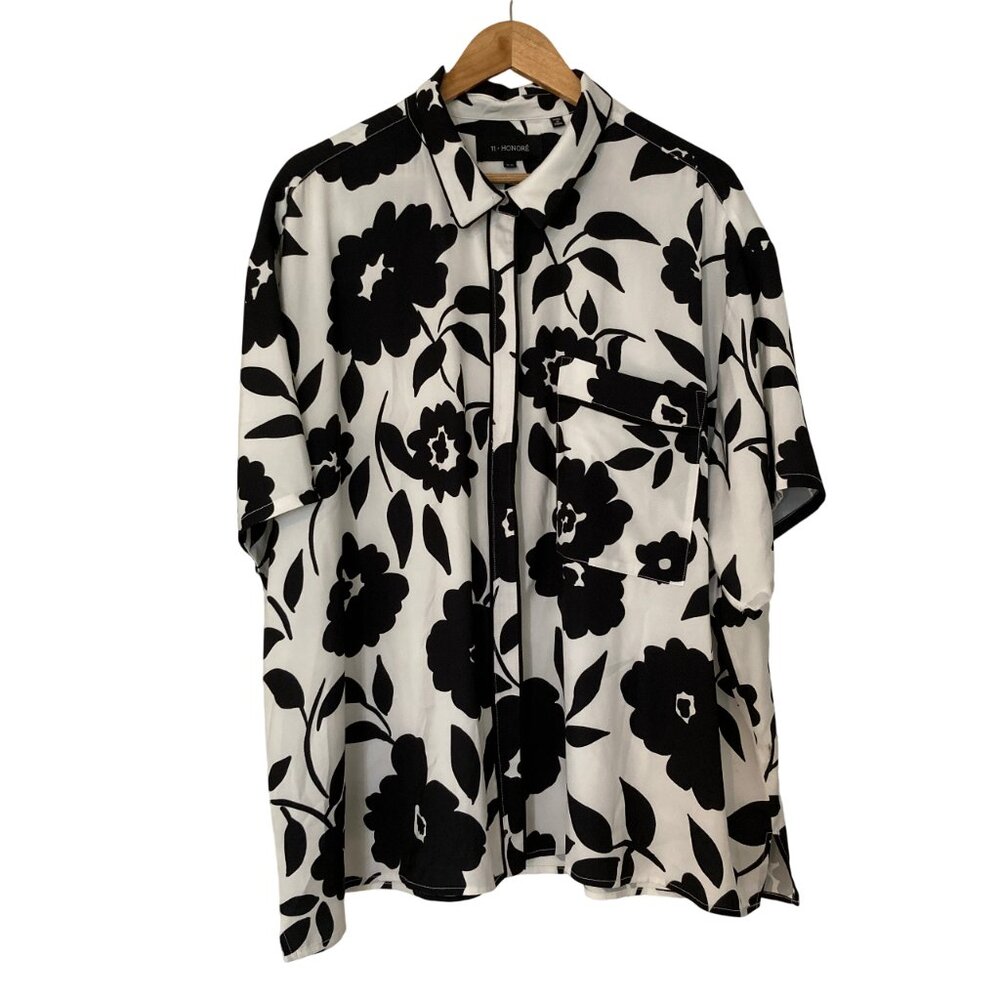 11 Honore Silky Floral Print Pajama-Style Short Sleeve Button Down Blouse